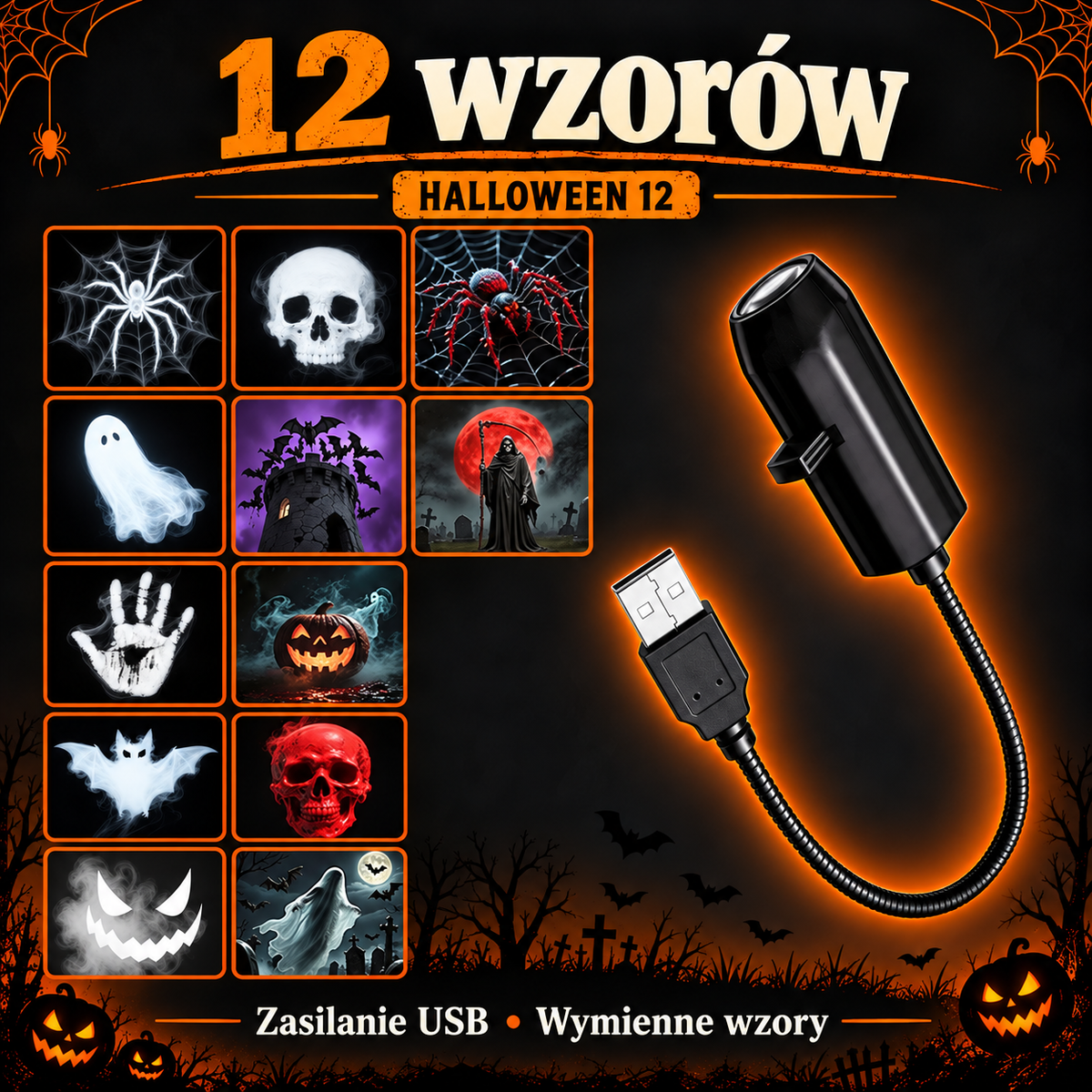 Projektor Halloween USB - wymienne wzory