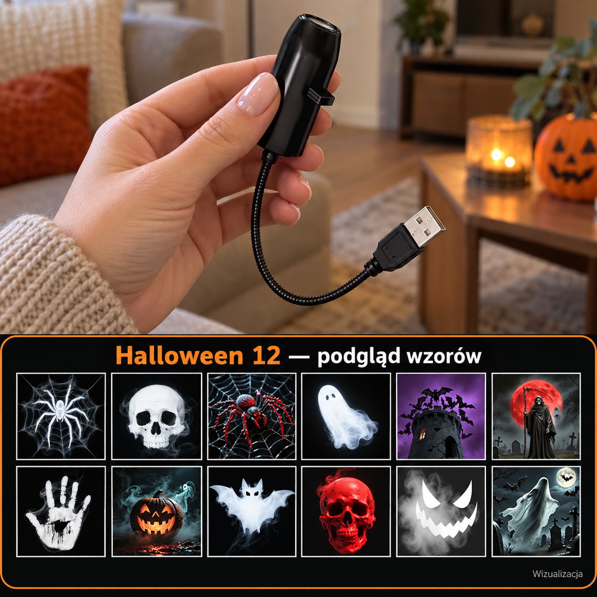 Projektor Halloween USB - wymienne wzory