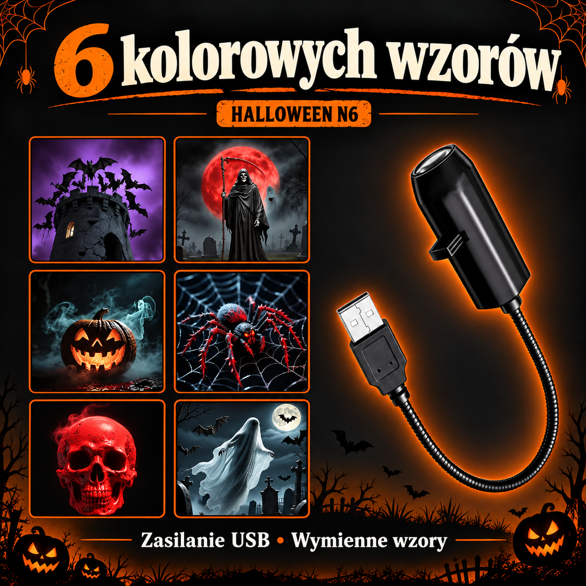Projektor Halloween USB - wymienne wzory
